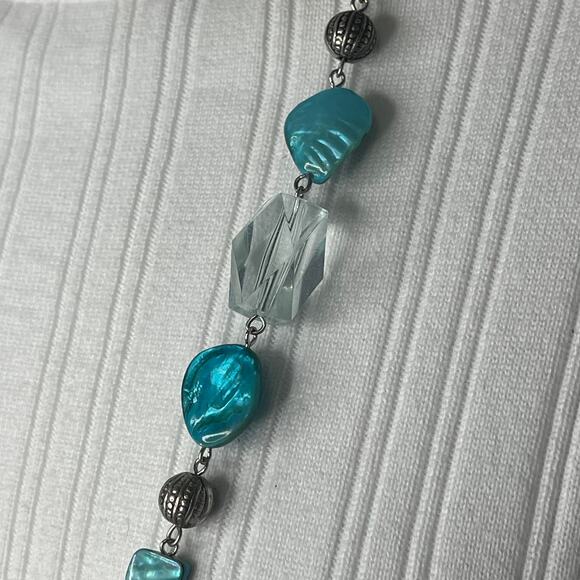 silver tone beaded necklace faux dyed mother of pearl MOP blue turquoise teal - Picture 3 of 12